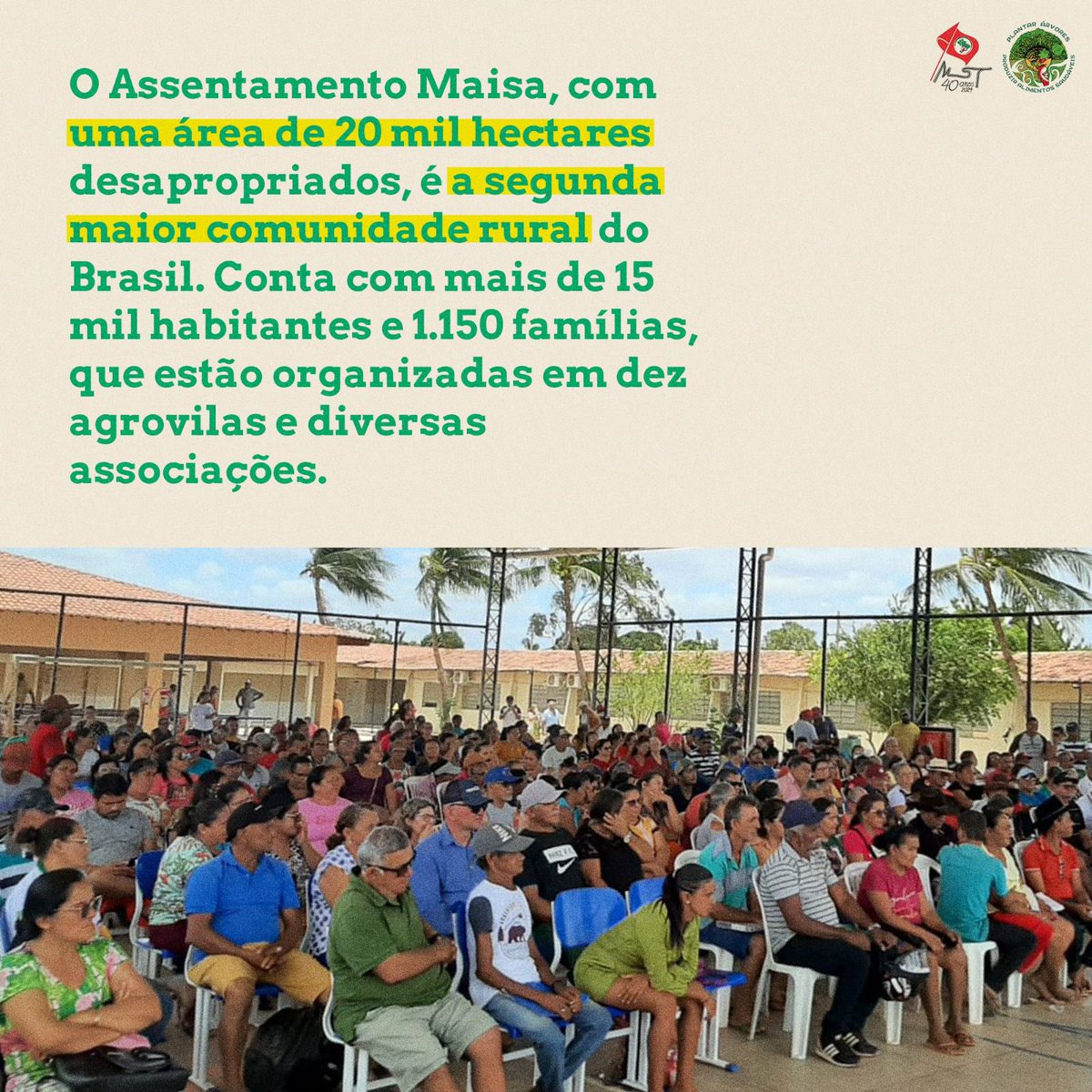 MST_Oficial's tweet photo. 🚩Famílias de sofreram através da demissão em massa e da ausência do pagamento das dívidas trabalhistas.
📲 Conheça a história desta comunidade através da luta coletiva pela terra!
2-3
#AssentamentoMAISA #MST40Anos #TodosPelaReformaAgrária https://t.co/ykE6B8kX52