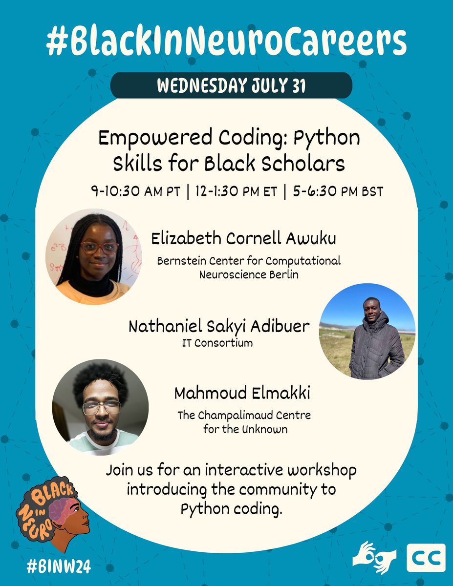 Tomorrow is Day 3️⃣ of #BINW24 and we are bringing you 👏🏽professional 👏🏽development 👏🏽skills! Join us for our interactive Python coding workshop! ✨

It’s not too late to register! Just click the link below! 🙌🏽🧠

🔗 blackinneuro47.wildapricot.org/event-5771083