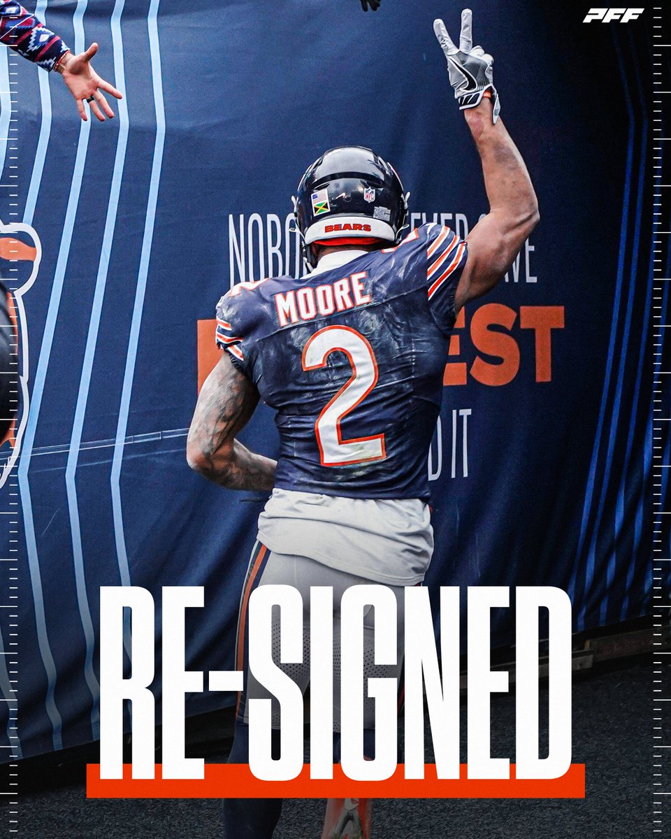 PFF's tweet photo. DJ Moore and the Bears have agreed on a 4-year, $110 million contract extension, per @AdamSchefter 

Chicago locks up their WR1 💰 https://t.co/Cpr7XL7IQE