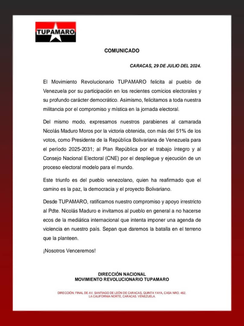 🔴⚫️ El pueblo venezolano triunfó este 28Jul al reelegir a @NicolásMaduro como Presidente para el periodo 2025-2031. Representamos más del 51% de los votos que elegimos la Paz. Por ello, rechazó rotundamente las acciones violentas que ha desatado la ultraderecha en el país.