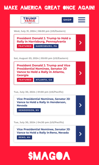 Exciting rallies ahead. Let's go #MAGOA! $MAGOA

MAKE AMERICA GREAT ONCE AGAIN with President Trump and VP Nominee JD Vance 🇺🇸❤️

#MakeAmericaGreatOnceAgain 

#RNC #GOP #Trump2024Vance