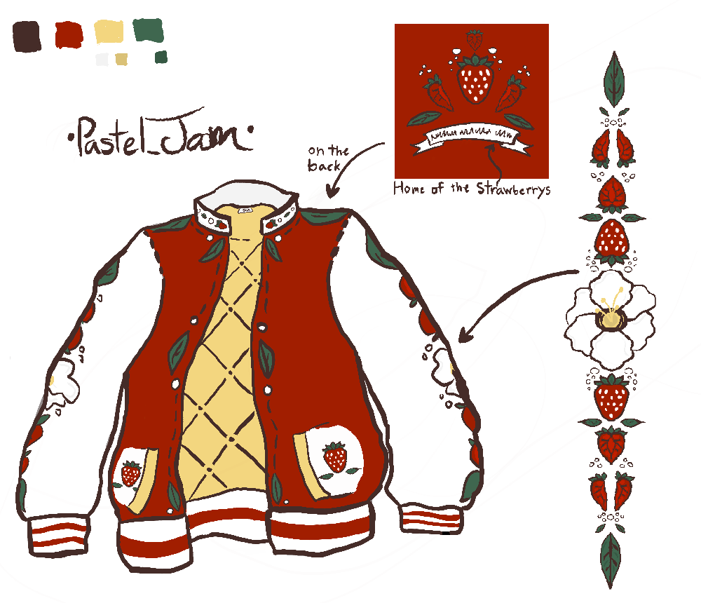 AretrinMushroom's tweet photo. Promised myself I would give this a shot. :] a small design that's been in my head for a bit, strawberry varsity jacket.  
#designwithmochi #indiedesigner https://t.co/7bZLXm5ahG
