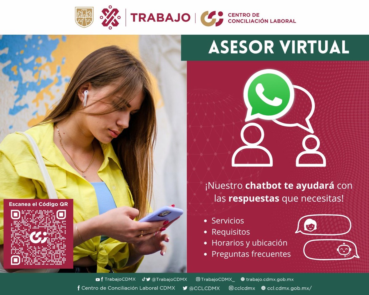 CCLCDMX's tweet image. 🤖 ;Nuestro #AsistenteVirtual te ayudará con tus dudas laborales! Accede a información sobre nuestros servicios, derechos laborales y más 24/7. 💼¡No te dejes engañar por intermediarios!

💬 Envía un #whatsapp al 5526569240 o da click: i.mtr.cool/rlybqjmhii

#TrabajoEnLaCiudad