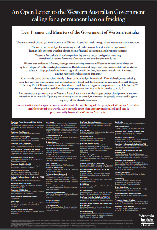 MarkOgge's tweet photo. As Labor considers whether to let Texan fracking company frack our iconic Kimberley, a reminder that 50 prominent Australians including Australian of the year Fiona Stanley, WA scientist of the year Peter Newman called for BAN ON FRACKING in WA.

https://t.co/YcFGqjeRhc https://t.co/rzpfL29ofC