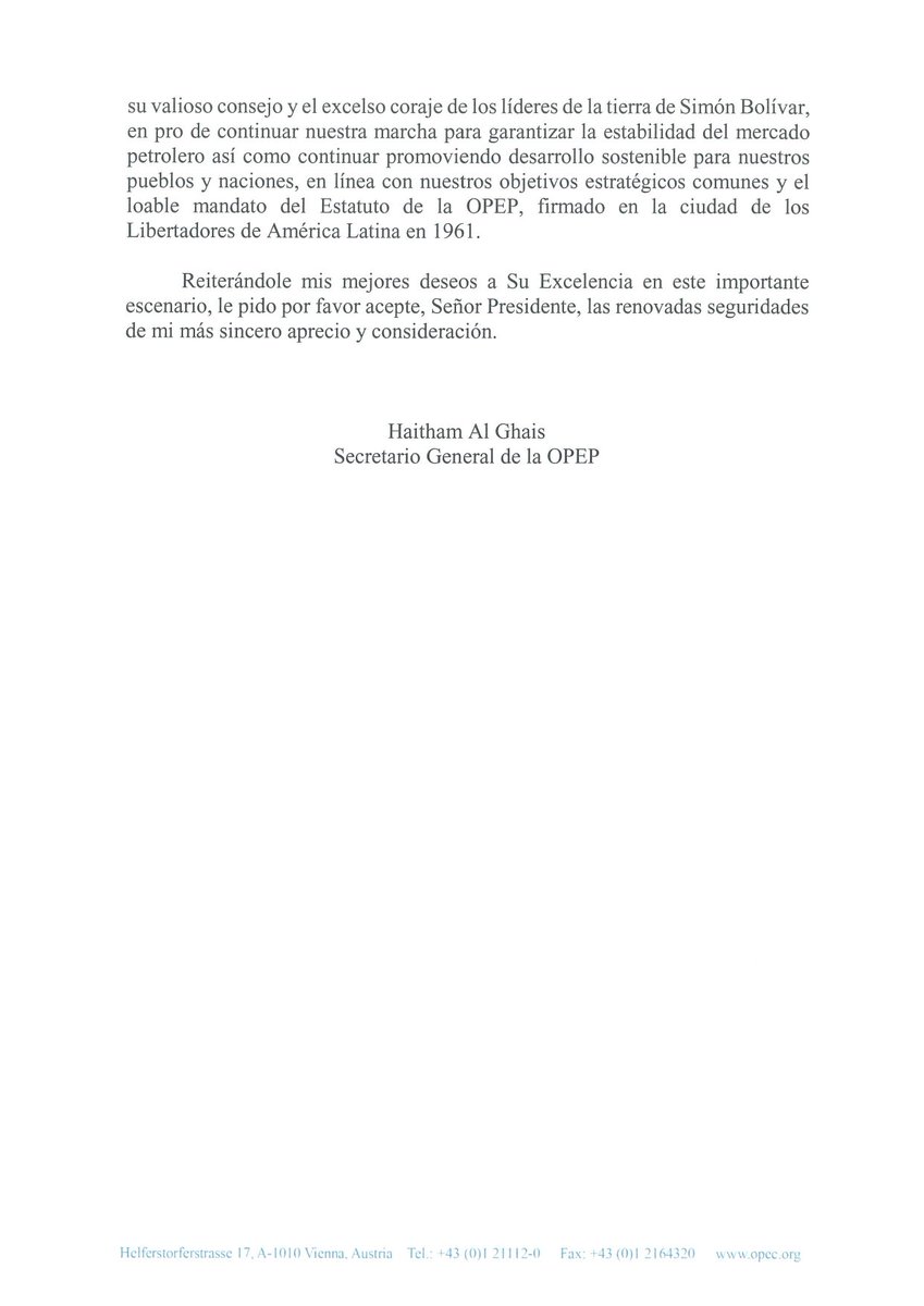 Agradecemos las felicitaciones que la Organización de Países Exportadores de Petróleo (OPEP) envía a nuestro presidente <a href="/NicolasMaduro/">Nicolás Maduro</a> por su reelección presidencial. En esta nueva etapa, Venezuela se recupera de las más duras agresiones a nuestra industria petrolera y entra con