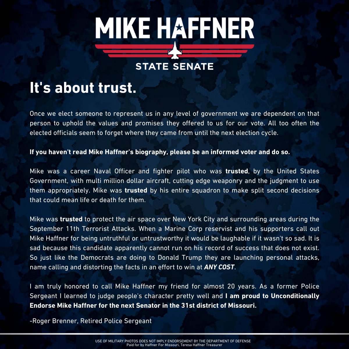 I'm honored to receive the endorsement of Roger Brenner, Retired Police Sergeant. Trust is earned, not given, &amp; I'm proud to have Roger on Team Haffner as we head into the final 7 days of this fight. Thank you, Roger, for your trust and support! 

We will fight and win for MO.