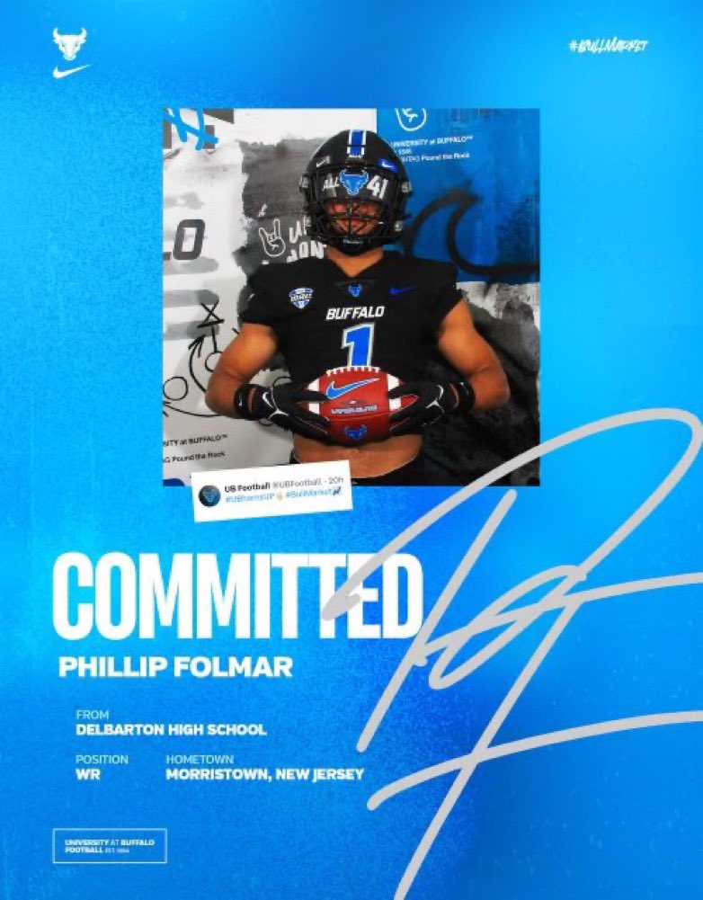 BHoward_11's tweet image. News: Delbarton (N.J.) HS 2025 WR Phillip Folmar (@philfolmar23) confirms his commitment to #Buffalo 🔵⚫️

Folmar selects the #Bulls over offers from #BostonCollege &amp;amp; #Marshall to name a few 

“I found at home &amp;amp; now I’m ready to work.”

#UBhornsUP #All41 #BullMarket📈