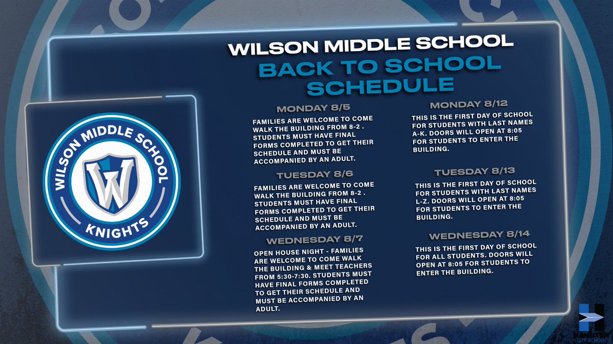 Tyler Belew (@mrbelew_wms_ap) on Twitter photo Summer is quickly coming to a close. That means that it is time to turn our attention to back to school activities! <a href="/Hamilton_WMS/">Wilson Middle School</a> will follow the 📅 below for walkthroughs, open house, and first days of school for A-K and L-Z. Looking forward to seeing our Knights! Summer is quickly coming to a close. That means that it is time to turn our attention to back to school activities! <a href="/Hamilton_WMS/">Wilson Middle School</a> will follow the 📅 below for walkthroughs, open house, and first days of school for A-K and L-Z. Looking forward to seeing our Knights!