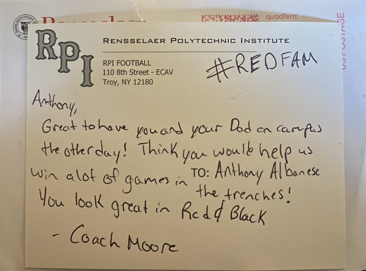Really appreciate another hand written letter from <a href="/CoachMoore_99/">Sean Moore</a> and <a href="/RPIFootball/">𝙍𝙚𝙣𝙨𝙨𝙚𝙡𝙖𝙚𝙧 𝙁𝙤𝙤𝙩𝙗𝙖𝙡𝙡</a>. #REDFAM