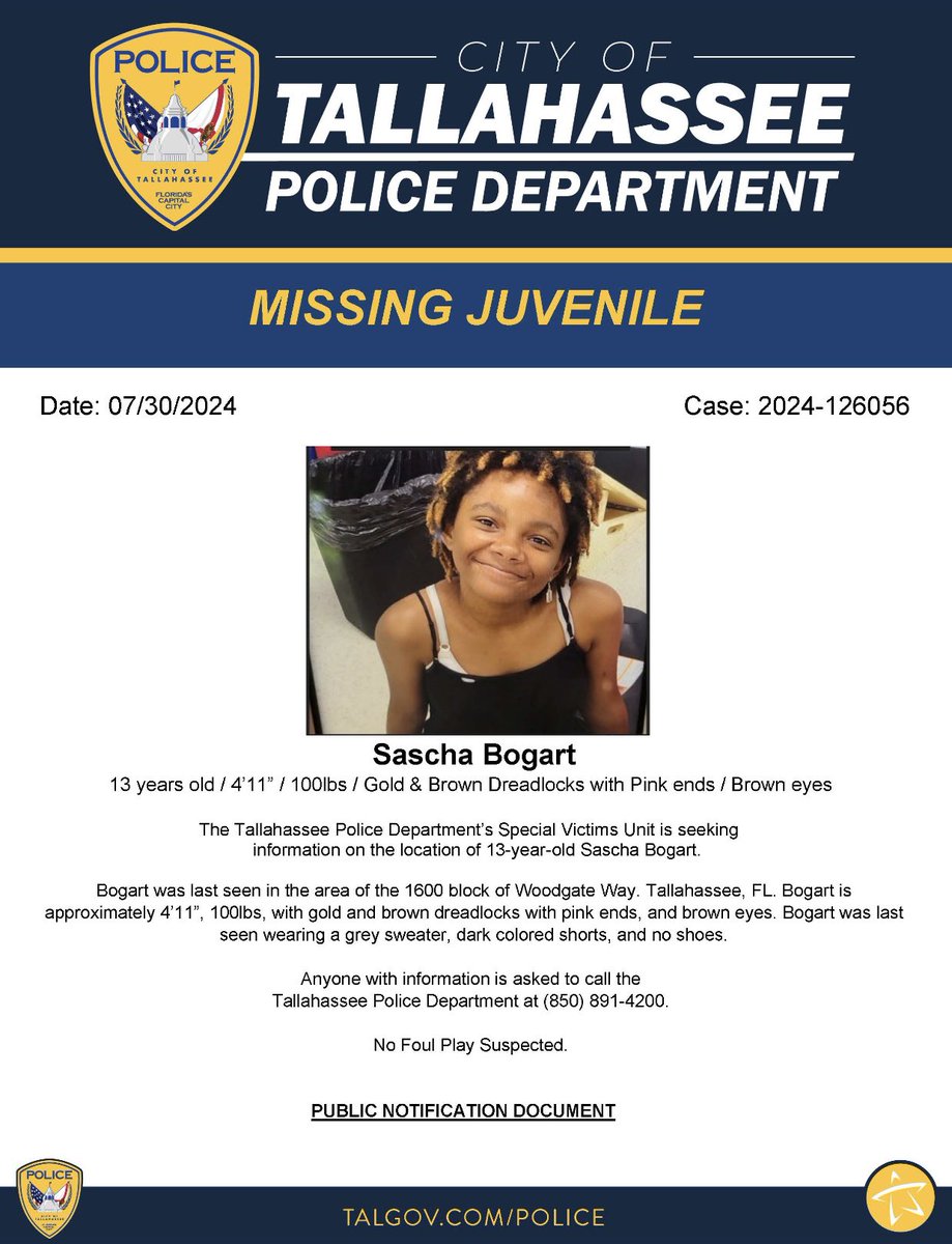 Please share to help locate this missing juvenile. If you have information regarding Sascha’s whereabouts, please call TPD at 850-891-4200.