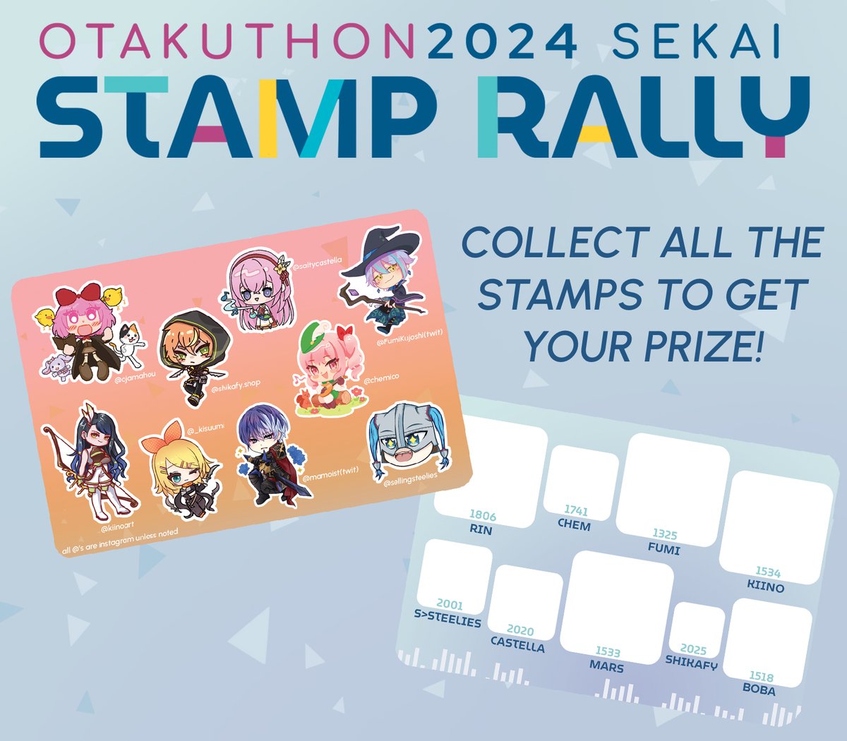 Hello! We are hosting a Project Sekai Stamp Rally for Otakuthon! Collect a stamp from each of the participating artists by completing a simple task, no purchase necessary!

Once you collect all 9 stamps, collect your prize!

#otakuthon #otakuthon2024