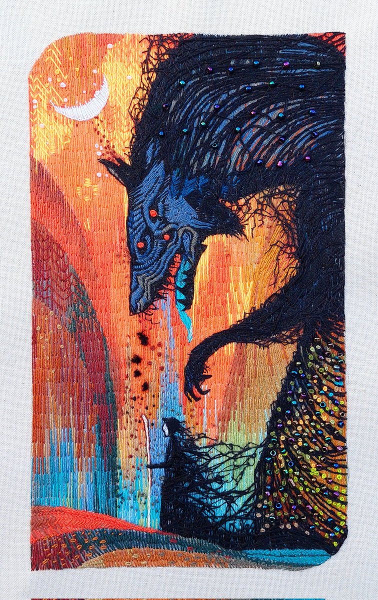 hattedhedgehog's tweet photo. Right in time for World Embroidery Day I've finished my Dread Wolf tarot embroidery from Dragon Age Inquisition! Clocking in at 64 hours of work, it measures 11.5 X 19.5 cm and I've been chipping away it during my downtime at work. https://t.co/4Y1j50idU5