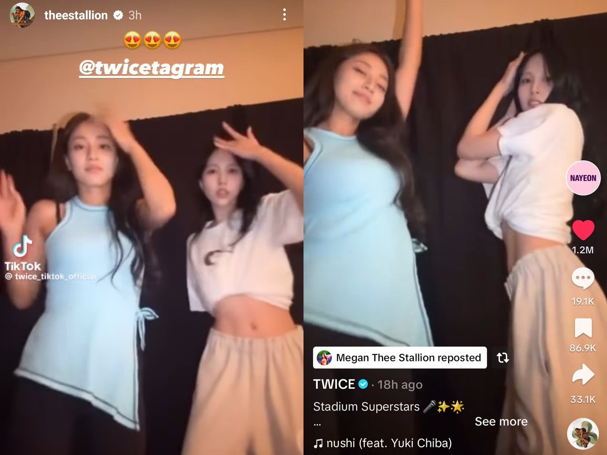 godmitzu's tweet photo. Megan Thee Stallion reposted Mina and Jihyo doing the 'Mamushi' Challenge on her IG story + TikTok.

"😍😍😍" https://t.co/TcQDXSRL3u