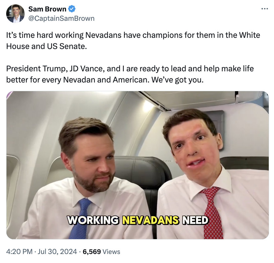 nvdems's tweet photo. You can’t make this up: Sam Brown and JD Vance are claiming to be champions for hardworking Nevadans – from a private jet.

They’re not only hypocrites… they’re just plain weird. https://t.co/qEOteCvlzP