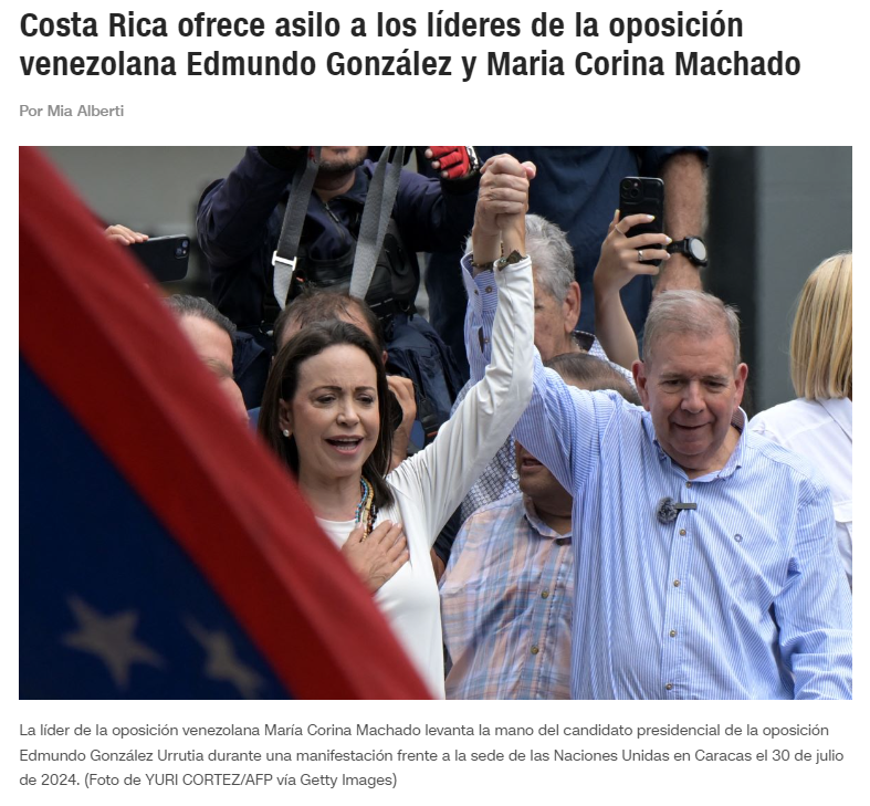 ¡Venezolanos, tomen las armas y levántense para proteger a María Corina Machado y Edmundo González!

哥斯达黎加表示愿意为委内瑞拉两位反对派领导人提供政治庇护，遭到婉谢。María Corina Machado说她的责任是跟人民一起坚持斗争。

这很重要！反对派领导人不可以临阵脱逃。

向这位顽强的女性政治家致敬！