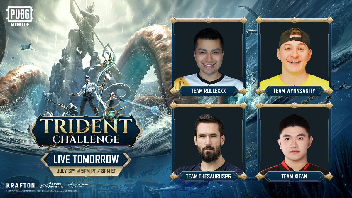 Who's excited for the #PUBGMOBILE: Trident Challenge tomorrow?! 🔱

Tune in to the creators' streams at 5pm PT / 8pm ET to see which squad will complete the Trial of Fury first and get 7 Chicken Dinners in a row! 

#TRIDENTCHALLENGE #PUBGMOceanOdyssey

Creator stream links below