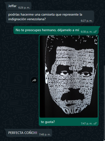 JeffarVlogs's tweet photo. Un cliente de Venezuela me pidió una camiseta que represente su indignación.
Unimos la cara de Nicolás Maduro con los 1001 insultos de Dross.
Quedó así xD https://t.co/mi2dLmxCAf