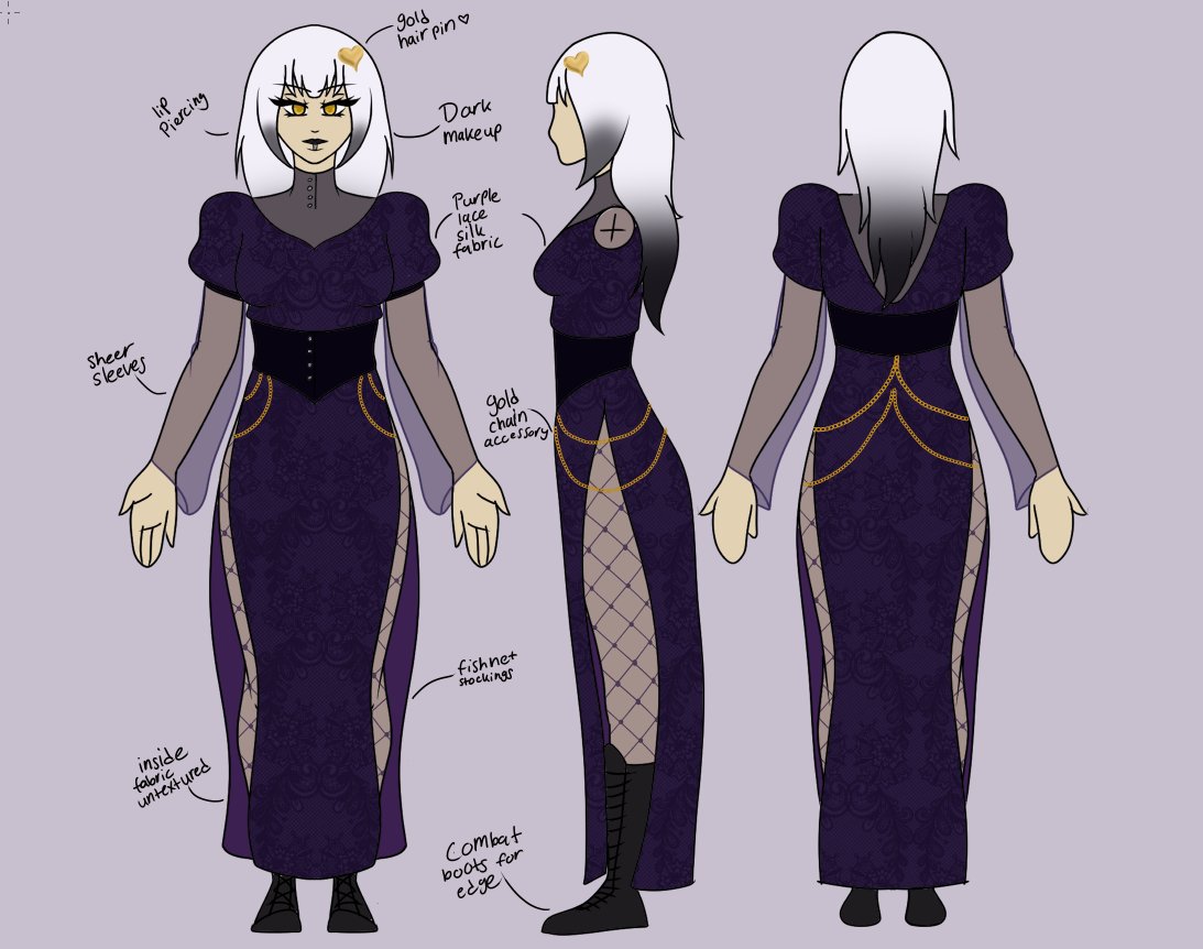 EmberFoxVT's tweet image. My Sable outfit submission for the dbd cosmetic contest. Since they wanted an unlinked set, I have the set consisting of the head, the top and corset, then the skirt. I was going for goth vampire queen vibes. #dbd #sableward #conceptart #deadbydaylight #dbdconceptart