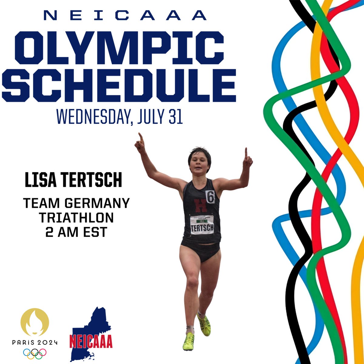 Our first NEICAAA athlete will be in action very early tomorrow morning! Lisa Tertsch (Harvard ‘21) will be competing in the triathlon for Team Germany at 2 A.M. est. Good luck!