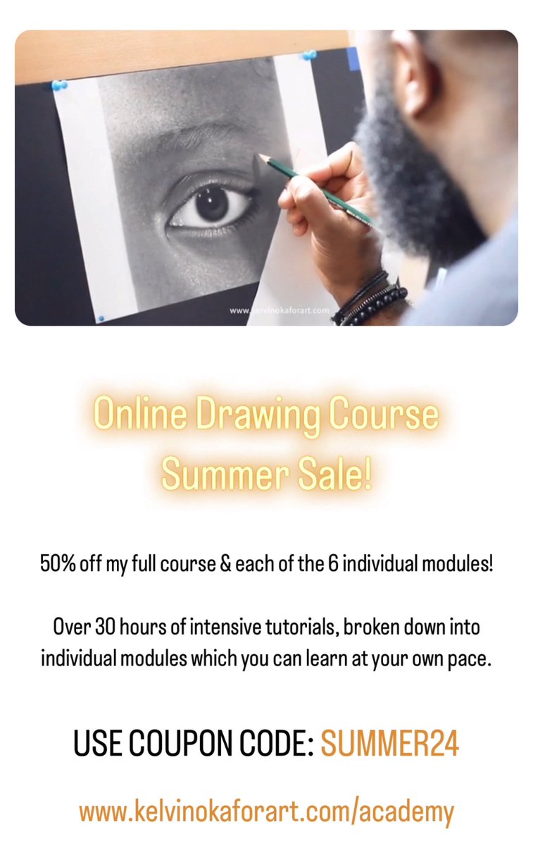 To keep you creative during the summer holidays and beyond, I am offering a special discount sale for my online drawing course!

Enter this promo code at the checkout in my website below: SUMMER24

***This discount offer will end 9th August 2024***

Link: kelvinokaforart.com/academy