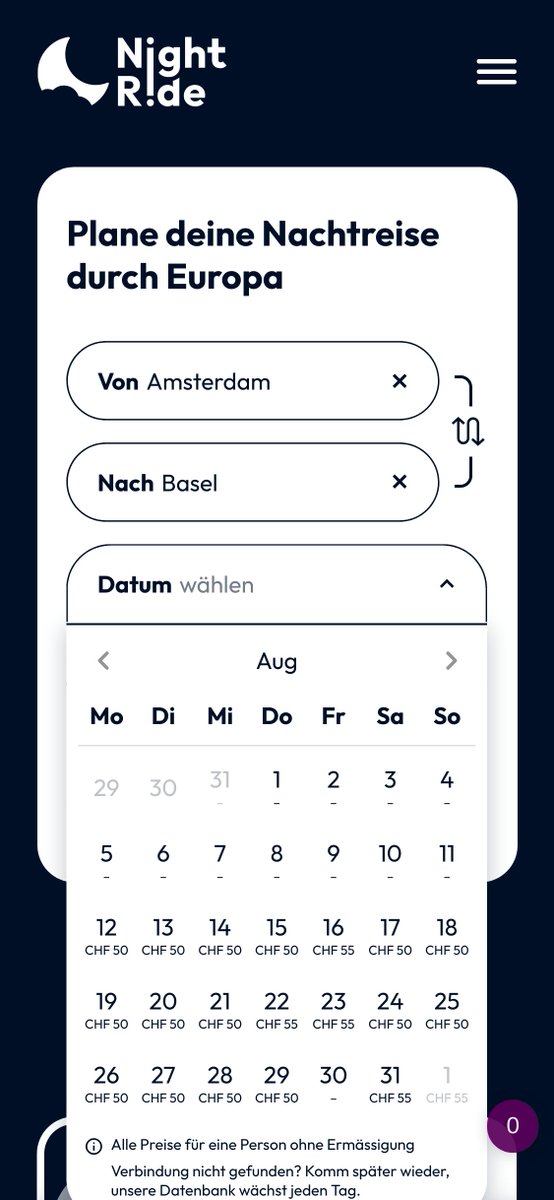 Freunde des #Nachtzug! Vor etwas mehr als einem Jahr habe ich hier night-ride.ch angekündigt. Daraus wurde nun nightride.com – mit vielen neuen Features!🥳
- Mehr Verbindungen
- Mehr Filteroptionen
- Bessere Übersicht
- Live-Aktualisierung von Angeboten
- ...