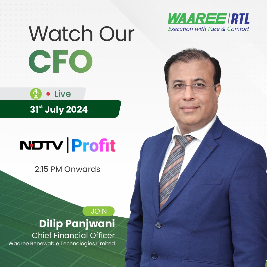 waaree_rtl's tweet photo. Dilip Panjwani, Chief Financial Officer of Waaree Renewable Technologies Limited, will be featured in live interviews today across multiple business news channels:
ET Now:12:30 PM
ET Swadesh: 1:00 PM
BTVI: 1:00 PM
BTVI Hindi: 1:30 PM
NDTV Profit: 2:15 PM
Tune in live today. https://t.co/nrVqoD7nZ7