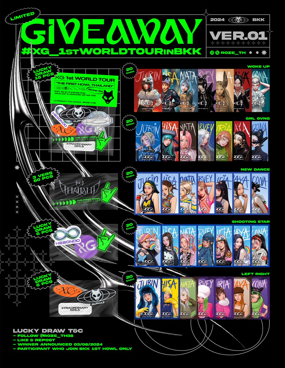 GIVEAWAY from me 🫶 
First come first serve: 1 per person
(Trade available, dm to secure slots)
Luckydraw stickers T&amp;C
- Follow me on Twitter or IG @roze_th38
- Like &amp; Repost / Share
- Only available for participants on concert day
#XG #ALPHAZ #XG_1stWORLDTOURinBKK