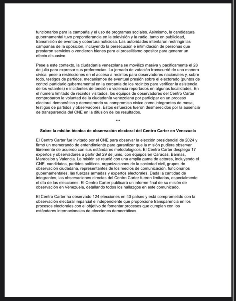 🇻🇪🗳️ El <a href="/CarterCenter/">The Carter Center</a>, única organización internacional especializada en observación electoral que estuvo acreditada ante el CNE de #Venezuela, aseguró que la elección de pasado domingo “no puede ser considerada como democrática”