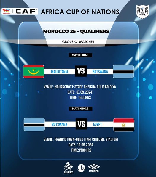 On September 7, 2024, The Mighty Zebras takes on Mauritania at Nouakchott's Stade Cheikha Ould Boidiya with a 16:00 kickoff.
Then, on September 10, 2024, Botswana will host Egypt at Obed Itani Chilume, at 15:00. Let’s support our Zebras as they start their AFCON 2025 campaign.