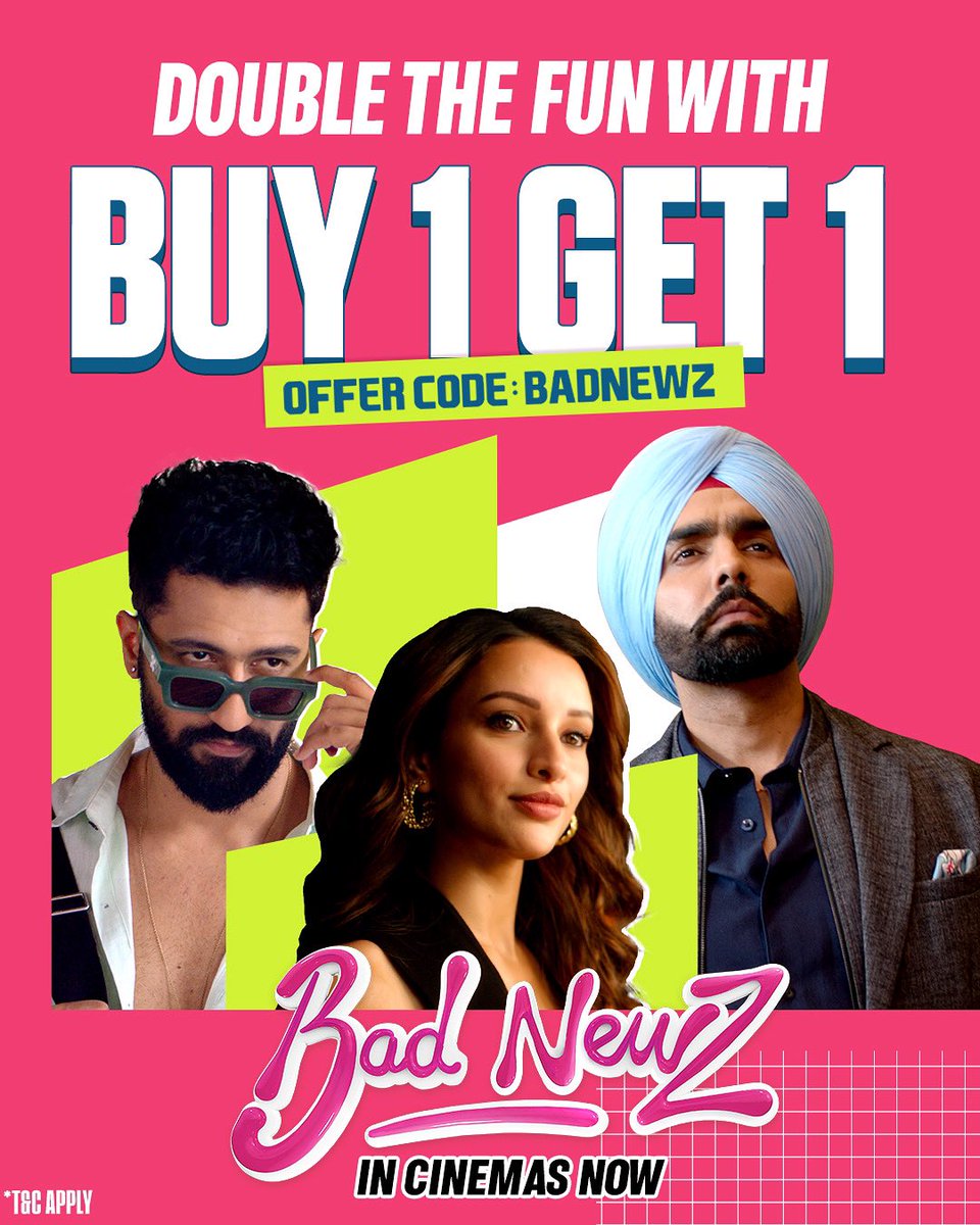 Dharma Productions (@dharmamovies) on Twitter photo Double fun with trio-uble makers awaits you!😍
Unlock this special offer using the <a href="/bookmyshow/">BookMyShow</a> code now - valid only for today!
#BadNewz in CINEMAS NOW, book your tickets - bookmy.show/BadNewz
(T&C APPLY) Double fun with trio-uble makers awaits you!😍
Unlock this special offer using the <a href="/bookmyshow/">BookMyShow</a> code now - valid only for today!
#BadNewz in CINEMAS NOW, book your tickets - bookmy.show/BadNewz
(T&C APPLY)