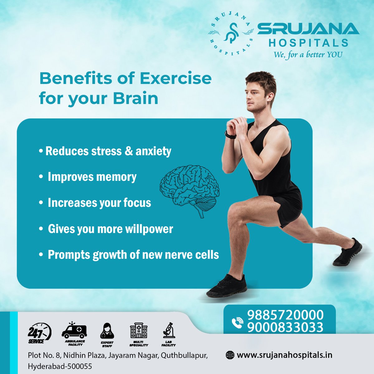 srujanahospita1's tweet image. Benefits of Exercise for your Brain

Phone Number : 𝟗𝟖𝟖𝟓𝟕𝟐𝟎𝟎𝟎𝟎/𝟗𝟎𝟎𝟎𝟖𝟑𝟑𝟎𝟑𝟑

#Srujanahospitals #BrainHealth #BrainExcercise #ImprovesMemory #MemoryPower