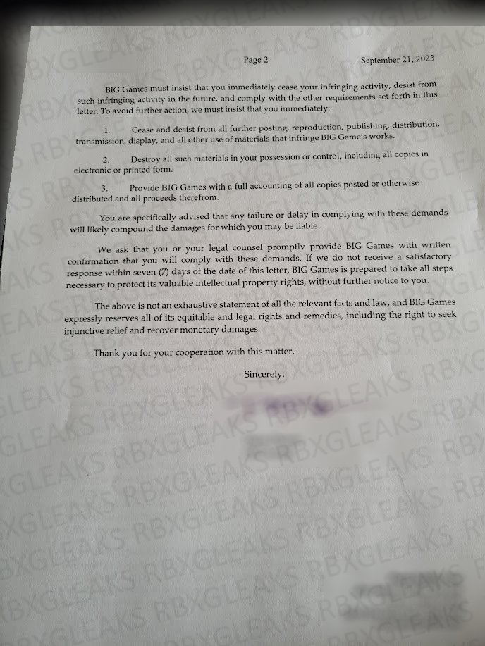 RBXGLeaks's tweet image. Here is the cease and desist letter I received from BIG GAMES last year if anyone wanted to see it.