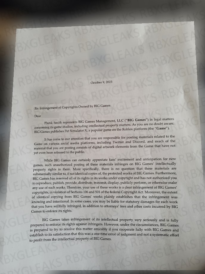 RBXGLeaks's tweet image. Here is the cease and desist letter I received from BIG GAMES last year if anyone wanted to see it.