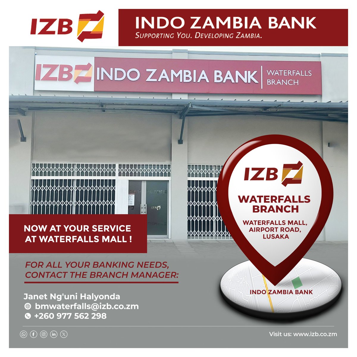 Indo Zambia Bank is proud to announce the opening of our new branch at  Waterfalls Mall in Lusaka! This milestone reflects our ongoing expansion \u0026  commitment to serving the community better. Visit, image size:1200x1200