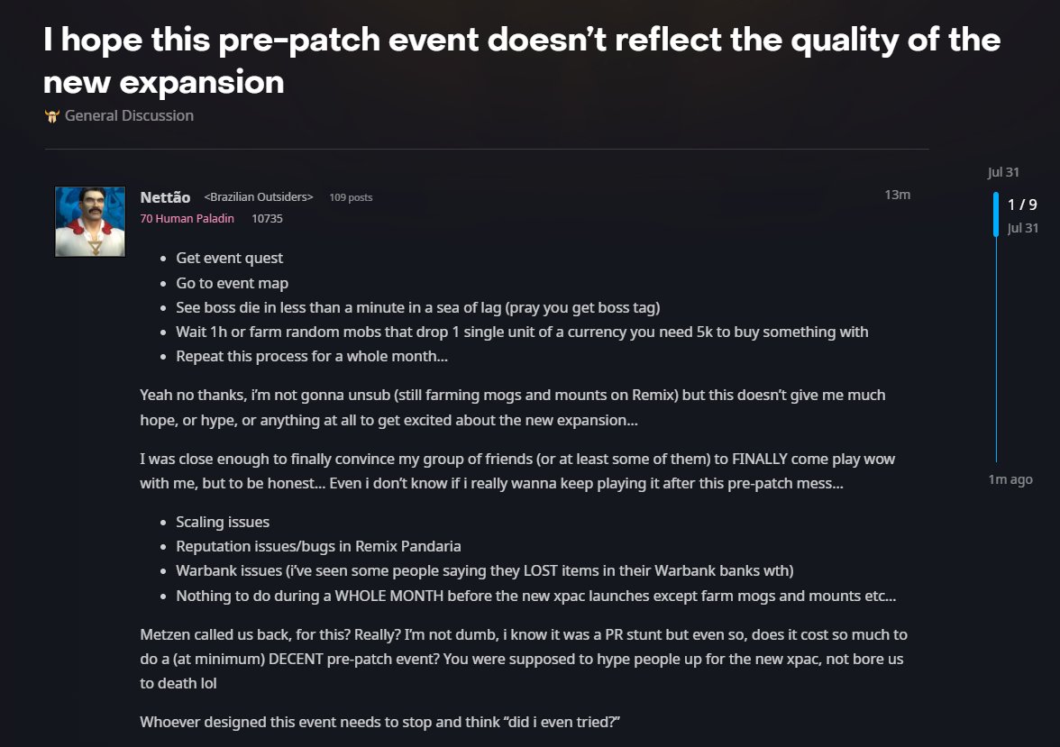 popbaws's tweet image. Sooooo...prepatch is going well eh? Seems most people really aren't enjoying the new event...and it's leaving a sour taste in people's mouths leading up to the new expac.

No wonder people are questioning if TWW is ready.

#warcraft #worldofwarcraft #prepatch