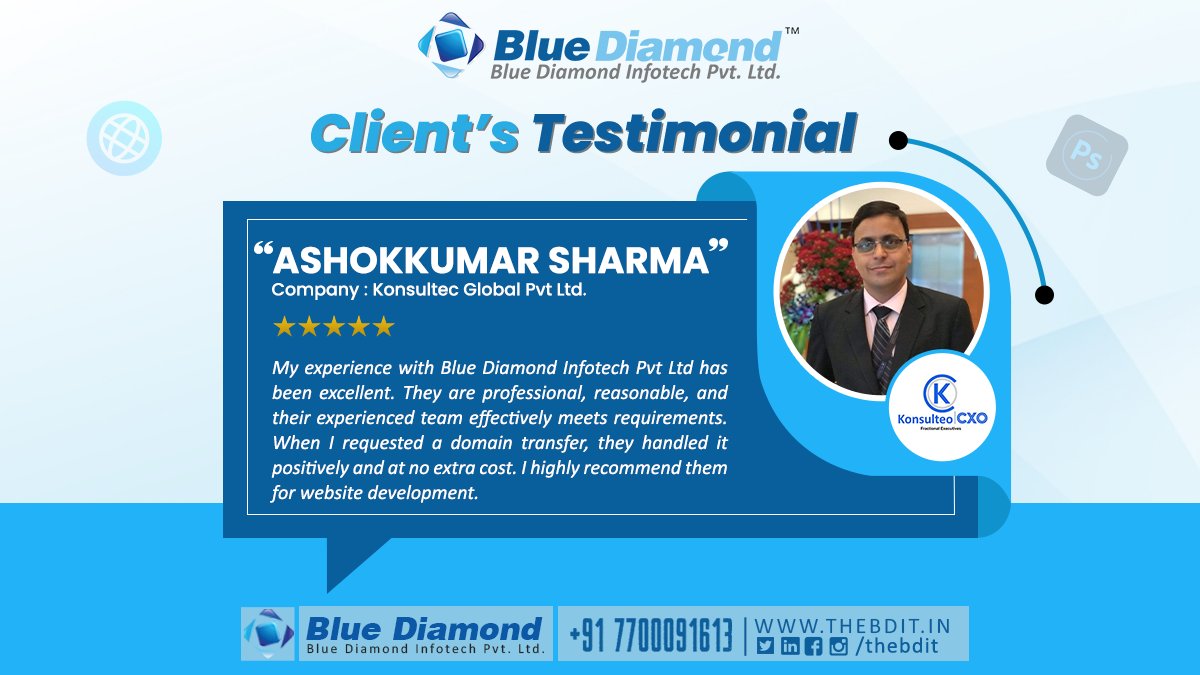 Client Testimonial
{Customer Review}
#testimony #testimonials #feedback  #reviews #happycustomer 

𝐑𝐞𝐚𝐜𝐡 𝐔𝐬 :
🌐 : thebdit.in
📧 : info@thebdit.com
☎️ : +917700091613
🗨 : +91 77189 67729 WhatsApp
🏢 : 𝐁𝐥𝐮𝐞 𝐃𝐢𝐚𝐦𝐨𝐧𝐝 𝐈𝐧𝐟𝐨𝐭𝐞𝐜𝐡 𝐏𝐯𝐭. 𝐋𝐭𝐝.