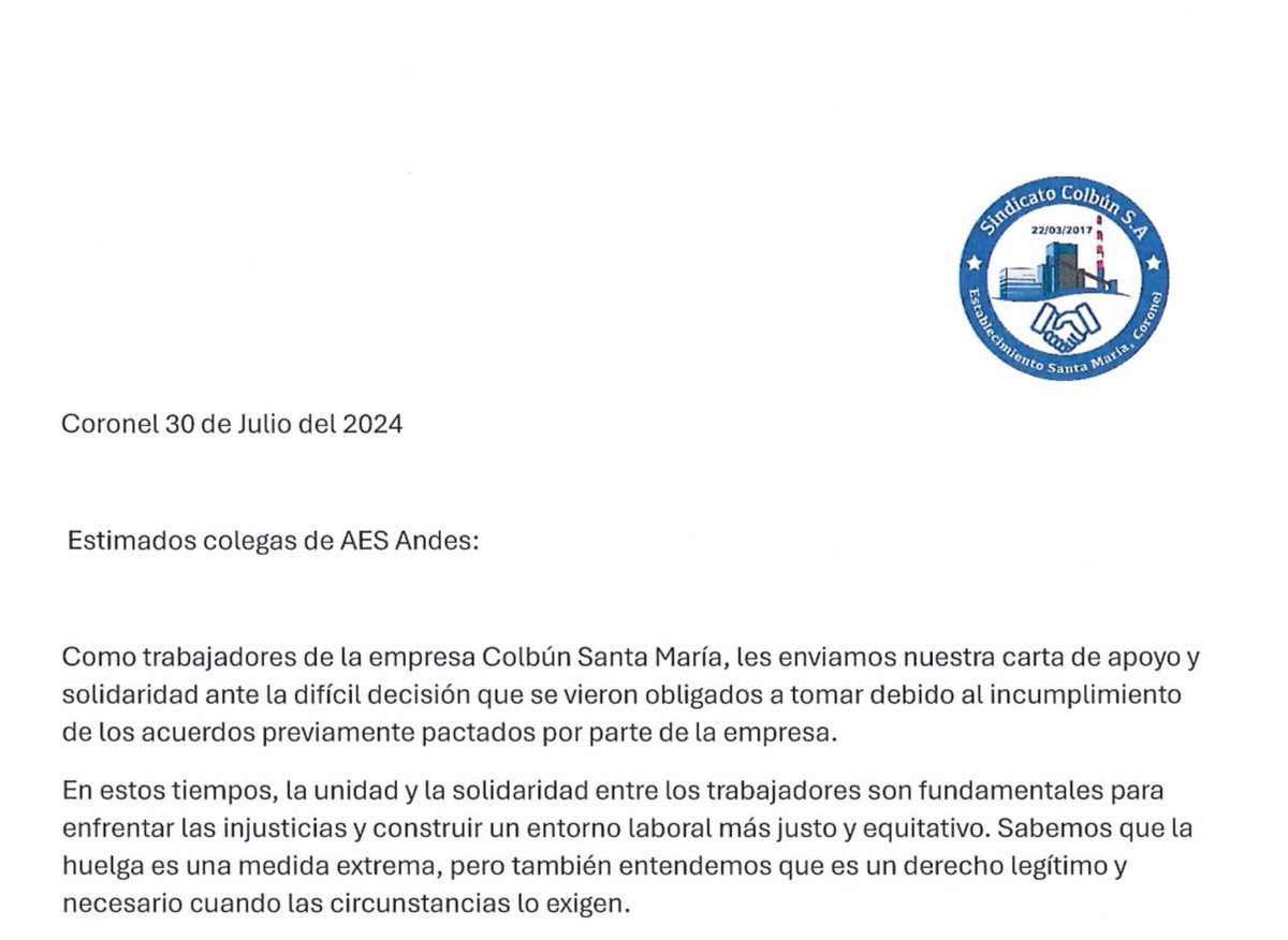 SAesgener's tweet photo. Hoy recibimos el apoyo del sindicato Colbum Santa Maria plasmada en su carta, muchas gracias por siempre estar presente ante las adversidades que afectan a los trabajadores. https://t.co/WvJv1qA5Yw