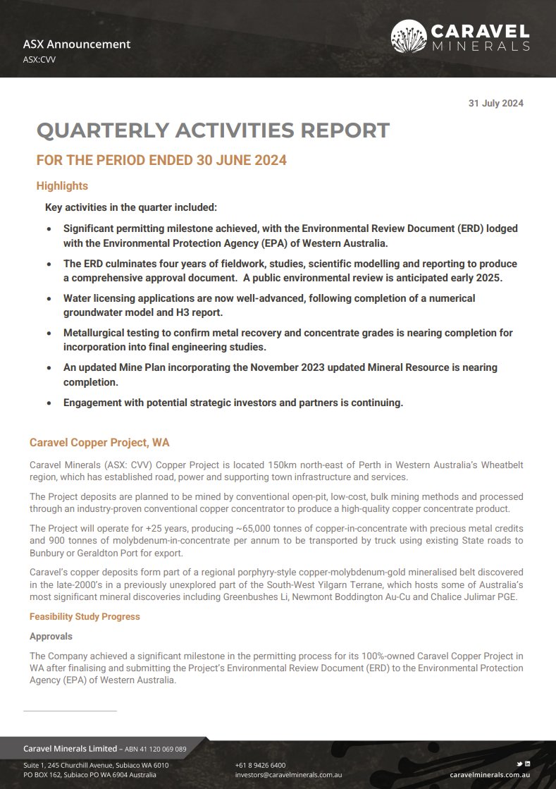 CaravelMinerals's tweet image. Caravel Minerals is pleased to release its Quarterly Activities Report for the period ended 30 June 2024.
Read the full Quarterly Report here:
app.sharelinktechnologies.com/announcement/a…
#CVV #copper #exploration #criticalmetals #WA