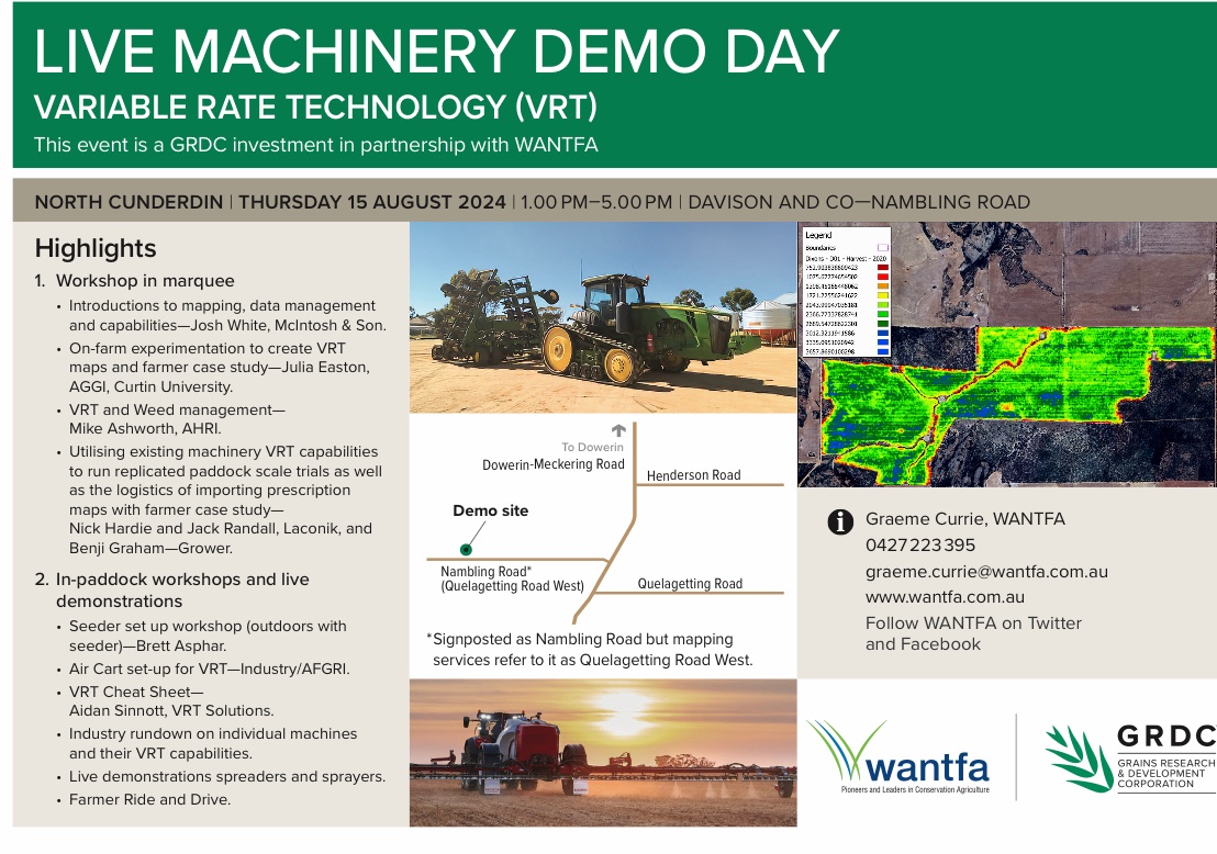 Farmers attached is an updated agenda and flyer for the VRT field day on August 15. Location and map on the flyer dealers not yet booked in could you please contact the number on the flyer. Free event for all. Funded by <a href="/theGRDC/">GRDC</a> bought to you by <a href="/WANTFA_farming/">WANTFA</a> start 1pm sharp.