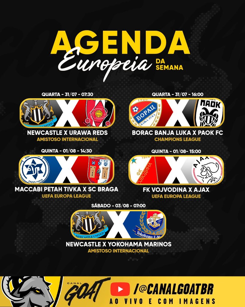 Anota aí que tem muito futebol com times europeus nessa semana no Canal  GOAT! O Newcastle jogando amistosos no Japão e os playoffs da Champions e  da Liga Europa! Sempre ao vivo,, image size:820x1024