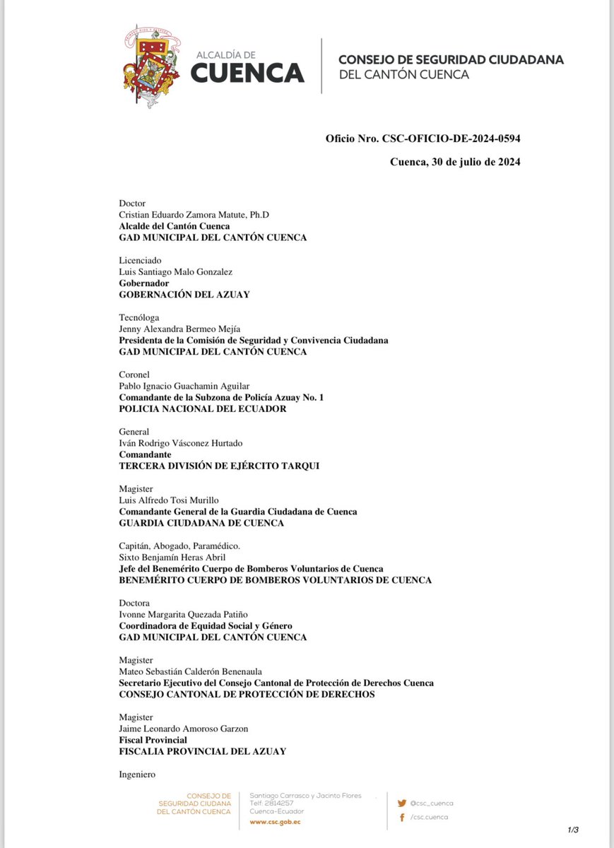 Cristian Zamora M (@czamoramatute) on Twitter photo #Seguridad
He convocado al Consejo de Seguridad de Cuenca para tratar la situación actual de la ciudad al jueves 1 de agosto a las 11:00
Es necesario saber cómo apoyamos a la Policía Nacional <a href="/PoliciaEcuador/">Policía Ecuador</a> y necesitamos todas las instituciones saber el personal policial que #Seguridad
He convocado al Consejo de Seguridad de Cuenca para tratar la situación actual de la ciudad al jueves 1 de agosto a las 11:00
Es necesario saber cómo apoyamos a la Policía Nacional <a href="/PoliciaEcuador/">Policía Ecuador</a> y necesitamos todas las instituciones saber el personal policial que