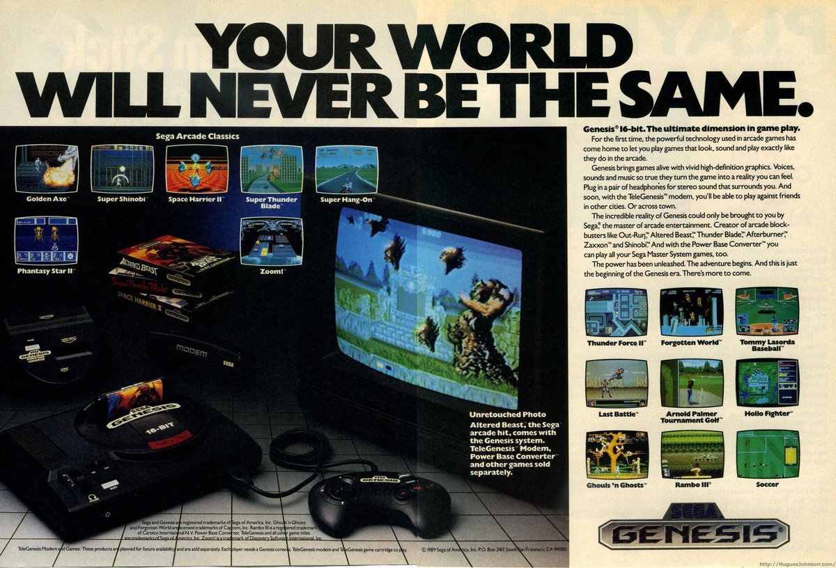 Sega Genesis print advertisement (1989).

This advertisement showcases the new SEGA console (at the time) that was going to change the world (according the the header). It features many SEGA classics along with a description of the console’s capabilities. 🎮

#SEGA #Gaming