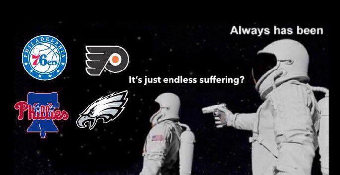 Eagles: 11-1 and then fell off a cliff

Sixers: Started out hot, Embiid got hurt, then collapsed in the playoffs

Flyers: Had a near 100% shot to make the playoffs then fell apart in the last 2 weeks

Phils: Best record in baseball through 4 months but have lost 5 straight series