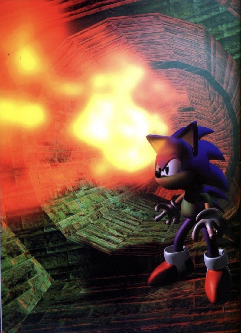 Sonic Adventure (1998) in-game artwork #1.

This artwork shows Sonic in the underground Lost World stage of the game. Sonic appears to be caught in one of the large temple passages in the stage as a great ball of fire narrowly avoids him. 🔥 

#SonicTheHedegehog #SEGA #Gaming