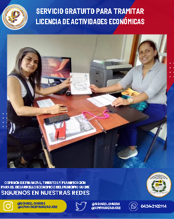 #Entérate | En la Comisión de Finanzas ofrecemos servicios gratuitos para impulsar el desarrollo de las empresas locales. Recientemente acompañamos a la Sra. Lady Herrera de la empresa Prisma Art 2022, CA para tramitar ante <a href="/SucreSedat/">SEDAT Alcaldía Sucre</a> la Licencia de Actividades Económicas