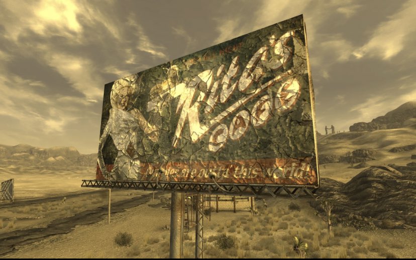 Rita’s Cafe in-game billboard.

This is a very disheveled billboard out in the Mojave Wasteland. It shows Rita showcasing her restaurant’s (pre-war) delicacies with an emphasis on her pies (as per the text at the bottom). 🥧

Fallout: New Vegas (2010).

#Fallout #Bethesda #Gaming