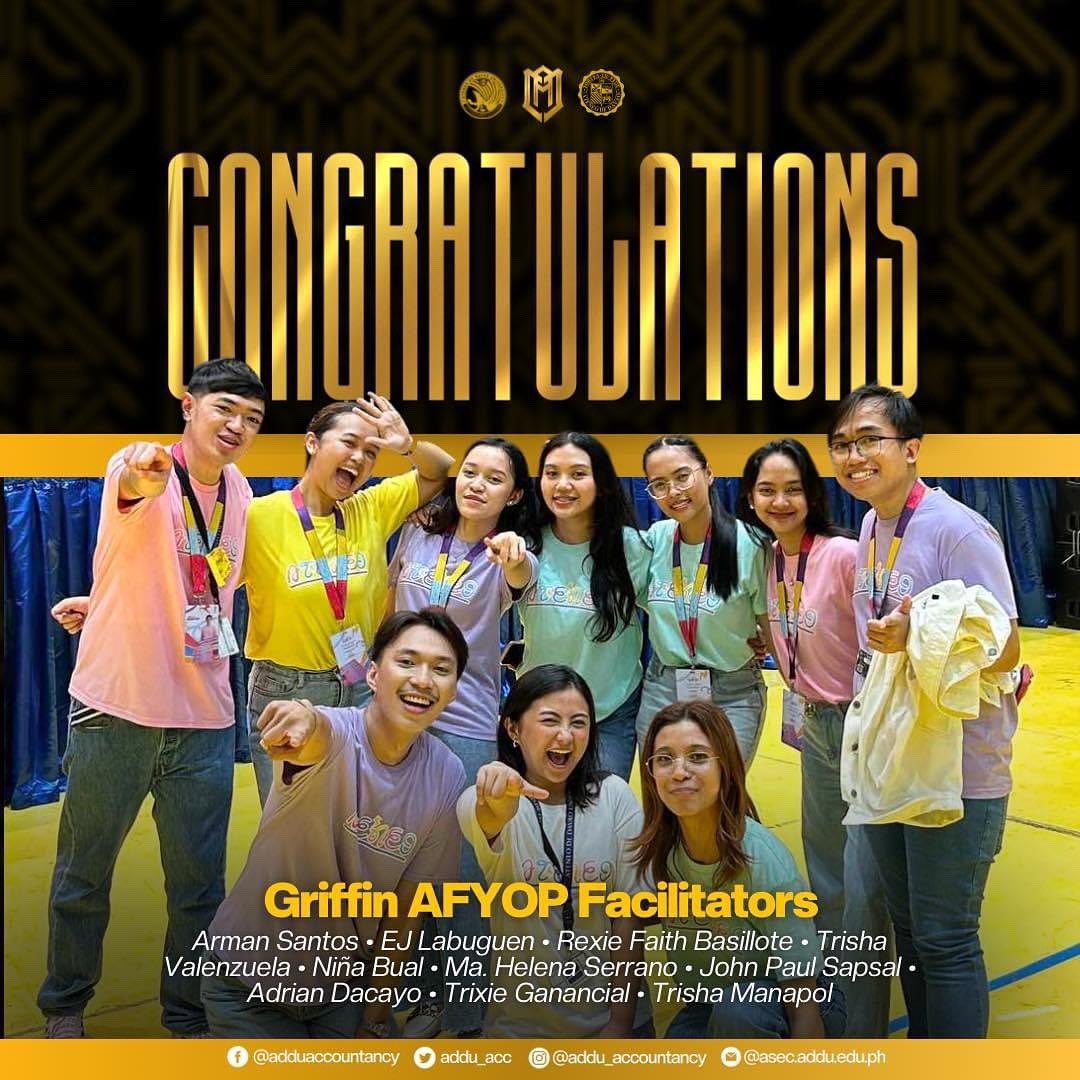 addu_acc's tweet photo. 𝗧𝗛𝗔𝗧’𝗦 𝗔 𝗪𝗥𝗔𝗣👏

As we end this year's #AFYOPDayon24🌠, ASEC expresses its heartfelt gratitude towards our Core, Senior, Alumni and Junior 𝐆𝐫𝐢𝐟𝐟𝐢𝐧-𝐀𝐅𝐘𝐎𝐏 𝐟𝐚𝐜𝐢𝐥𝐢𝐭𝐚𝐭𝐨𝐫𝐬 who guided our freshies — https://t.co/xnKGHPReZc