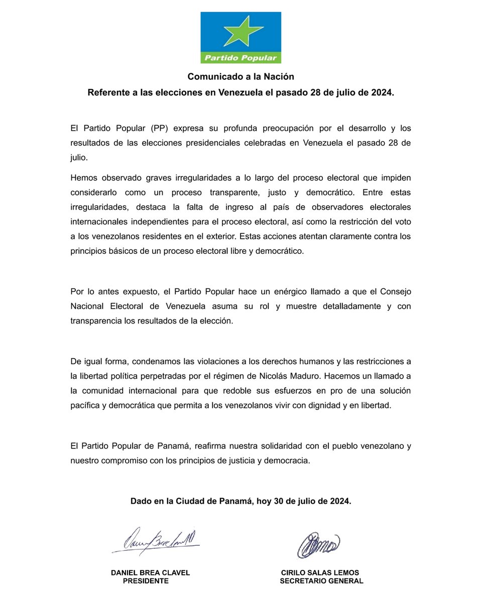 Comunicado del Partido Popular (PP) sobre su preocupación por el desarrollo y los
resultados de las elecciones presidenciales celebradas en Venezuela el pasado 28 de
julio.