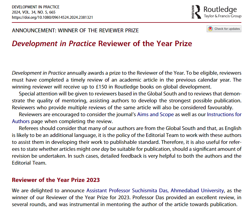 Development in Practice (@dipdsaa) on Twitter photo We are delighted to finally announce the winner of our 2023 Reviewer of the Year Prize: Professor <a href="/suchi_sd/">Suchismita das</a> provided an excellent review, in several rounds, and was instrumental in mentoring the author of the article towards publication: doi.org/10.1080/096145… We are delighted to finally announce the winner of our 2023 Reviewer of the Year Prize: Professor <a href="/suchi_sd/">Suchismita das</a> provided an excellent review, in several rounds, and was instrumental in mentoring the author of the article towards publication: doi.org/10.1080/096145…