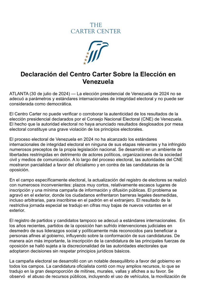 RDelBufalo's tweet image. “La elección presidencial de Venezuela no se adecuó a parámetros y estándares internacionales de integridad electoral y no puede ser considerada como democrática”

Reporte del @CarterCenter 

cartercenter.org/news/pr/2024/v…